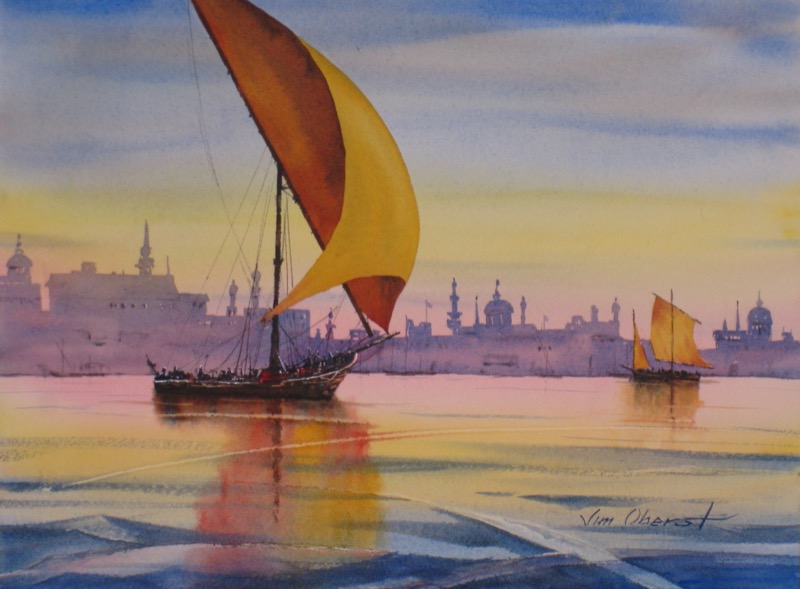 seascape, landacape, bosphorus, istanbul, constantinople, dhow, boat, minaret, original watercolor painting, oberst